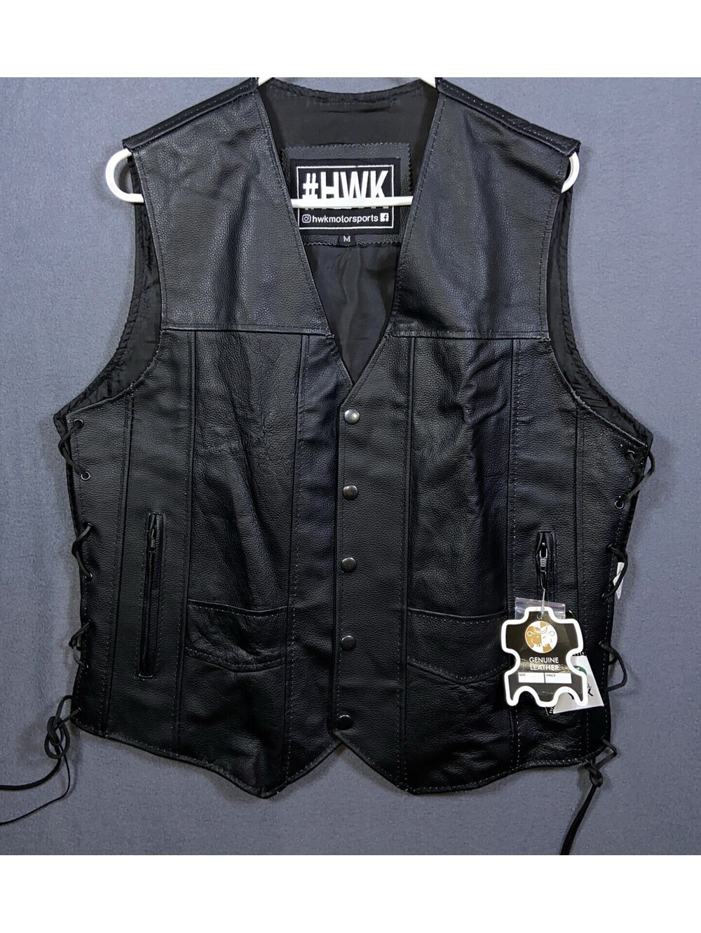 NEW HWK Motorsports Apparel Black Leather Mens Lace Up Biker Vest M Biker NWT